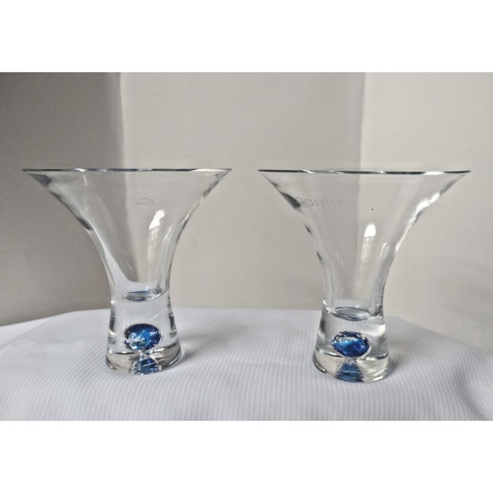 2 Hand Blown Ciroc Clear Glass Blue Bubble Base As Is Martini Glasses